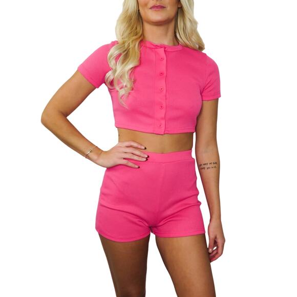 Cider Hot Pink Ribbed Knit Activewear Set Crop Top & Shorts Small Barbiecore - Picture 3 of 9